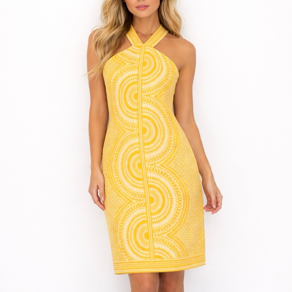 NWT Taylor Sunshine Yellow & White Sleeveless Geometric Print Sheath Dress